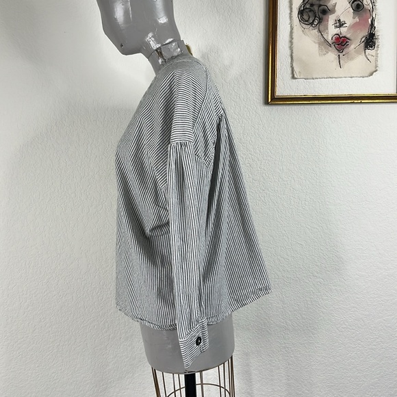 Steven Alan V Neck & Back Gray White Stripe Cotton Split Neck Oversized Top - Picture 5 of 8